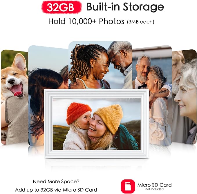 Frameo 10.1'' Digital Picture Frame WiFi, 1280 * 800 IPS HD Touchscreen, 32GB Storage, Instant Share Pictures Video, Smart Photo Frame Electronic, Gifts for Mom, House Warming