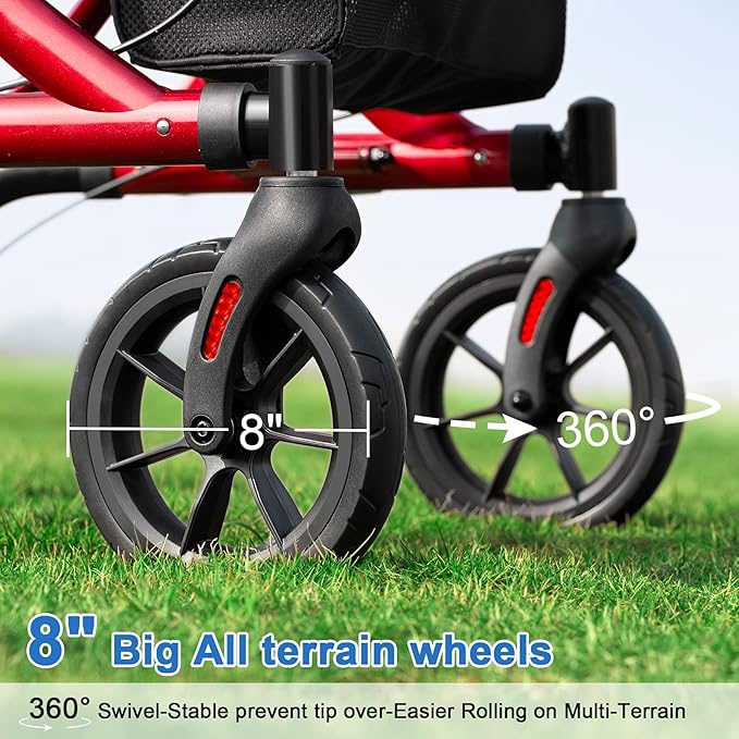WALK MATE Rollator Walker for Seniors with Cup Holder, Upgraded Thumb Press Button for Height Adjustment, 4 x 8 Wheels Walker with Seat Padded Backrest Folding Lightweight Walking Aid, Red