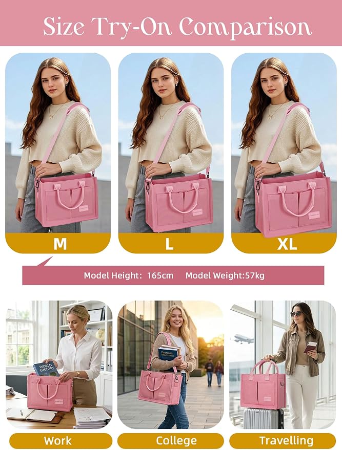 FIORETTO Canvas Tote Bag for Women with Zipper Closure & Individual Compartments for Work College for Teacher & Nurse