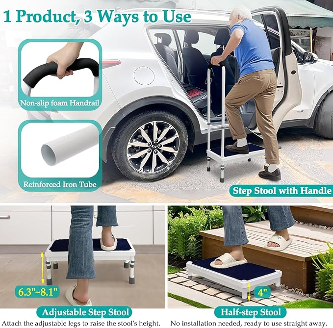 Car Step Stool for Elderly with Handle Bedside Steps for High Beds Adults Seniors Safety Medical Stepstools Heavy Duty 400 lb Capacity Wide Platform to Get in Car, Bed, Bathroom, RV (21.6" Stool)
