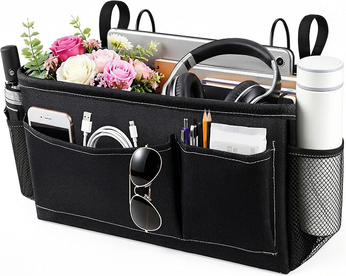 Bedside Caddy for Dorm Bed, Bedside Storage Bag Hanging Organizer | Metal Frame, Water-Resistant Lining, Fits Bed Rails up to 2.2 In, Adjustable Straps, Bunk and Hospital Beds(1 Pack, Black)