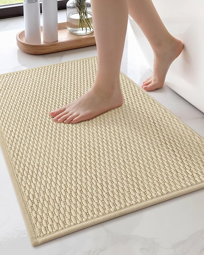 Color&Geometry Bathroom Rugs with Rubber Backing, Non Slip Machine Washable Bath Mat, Soft Absorbent Chenille Boho Carpet for Bathroom Floor, Tub and Shower,17"x29", Khaki