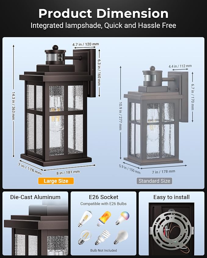 VIANIS Large Motion Sensor Porch Lights Outdoor, ORB Exterior Sconce Light | Anti-Rust Waterproof, Dimmable, Farmhouse Outdoor Garage Lighting Fixtures Wall Mount for House, Exterior Light Fixture
