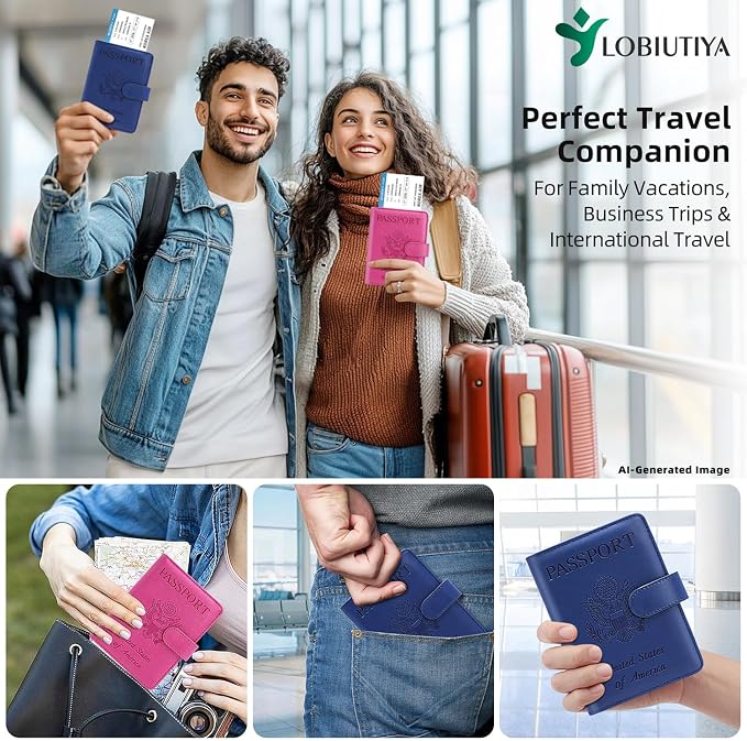 2 Pack Passport Holder For Travel with Slot for AirTag & Luggage Tag Cover – RFID Blocking Passport Holder for Travel Women/Men | PU Leather Passport Case with Pocket, Blue/Pink