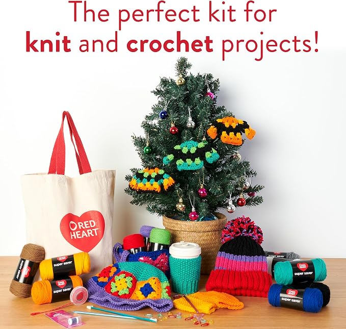Red Heart Super Saver Yarn Stitchers Kit, 12 Balls, 1 Tote Bag, 1 Knitting Needle, 1 Crochet Hook, 1 Measuring Tape, 1 Knit Counter