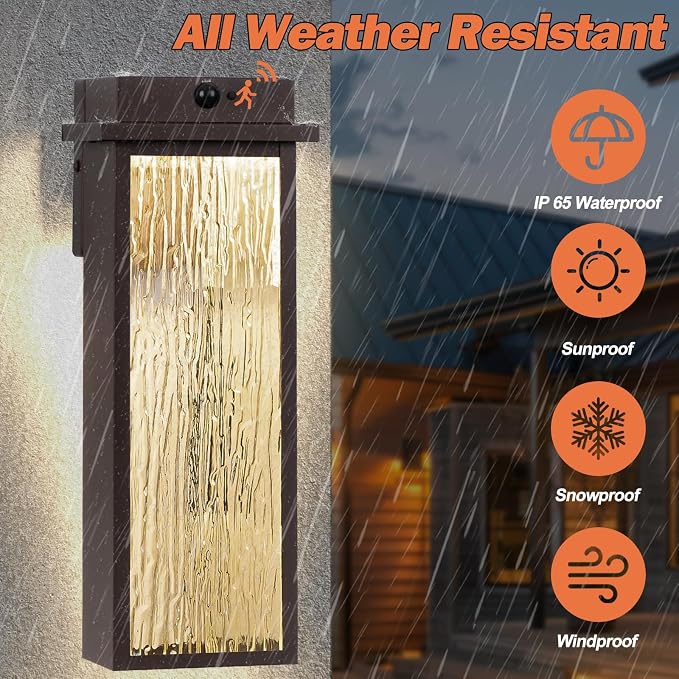 VenzBlomia 16” Oil Rubbed Bronze Motion Sensor Outdoor Sconce Lights 2 Pack | Brown Dusk to Dawn Porch Light Fixtures Waterproof, Modern Outdoor Wall Lights for House Garage Patio, Water Rippled Glass