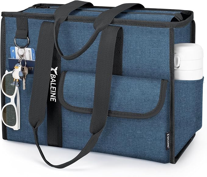 BALEINE Large Utility Tote Bag with Reinforced Bottom, Multi Pockets Foldable Tote Bag for Nurse, Travel, Work