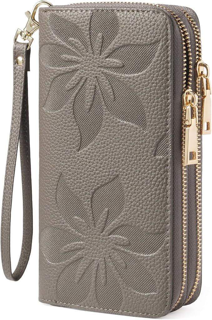 GOIACII Women's Wallet Large Capacity Double Zip Ladies Card Phone Holder RFID Blocking Wristlet Leather