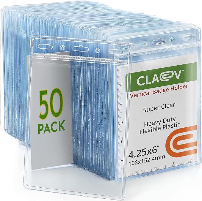 Claev Flexible and Tear Resistant Vertical 4x6 Passport & Card Holders (4x6 Extra Large (XXL), 50 Pack), Clear Zipperless ID Plastic Name Card Badge Holders for Travel, Conferences, Conventions | Bulk clear waterproof ID badge holders, fits 4 x 6 inser...