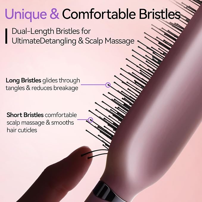Detangling & Styling Hair Brush for Women Men, Wet& Dry Detangler Hairbrush | Dual-Length Nylon Bristles for Straight to Curly Hair Types, Eliminates Knots & Reduces Breakage, Pink Gradient