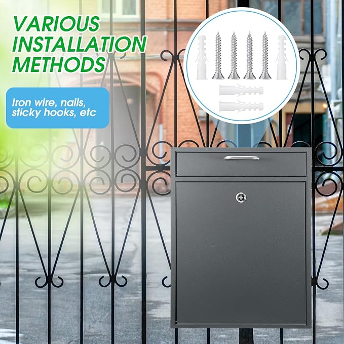 Yaocom Locking Mailbox with Key for Outdoor 18 x 15 x 7 Inches Large Wall Mount Mail Box with Lock Security Mail Drop Metal Collection Boxes Hanging Secure Postbox(Dark Gray)
