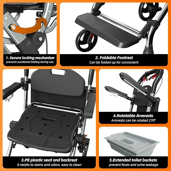 Portable Bedside Commode Chair 3-in-1, Foldable Toilet Chair with Raised Seat & Shower Chair, for Use with Wheelchairs for Adults, Heavy Duty Commode for Elderly, Disabled, Supports 330 lbs (BLACK)