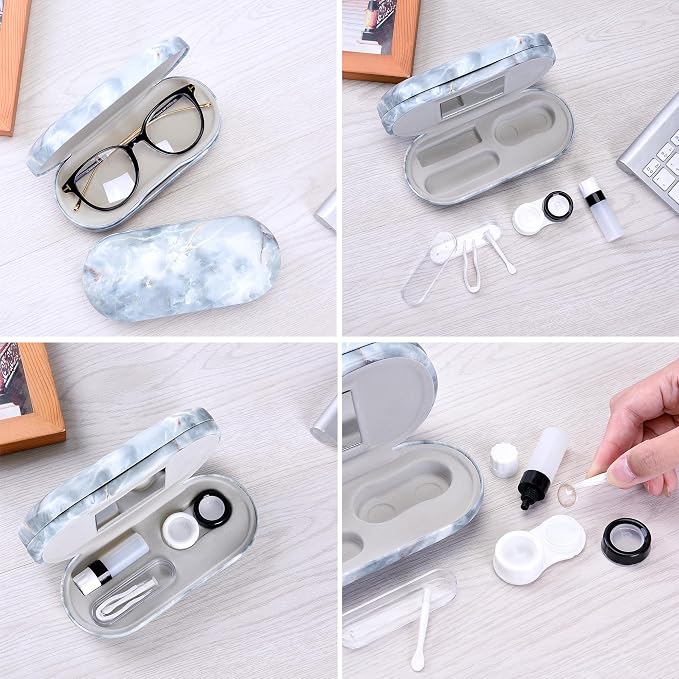 Muf 2 in 1 Contact Lens Case and Glasses Case, Double Sided Design with Mirror, Portable Travel Kit with Tweezer, Remover and Solution Bottle, Green Grey Marble