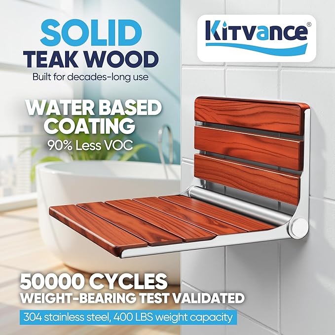 [Upgraded Version] 20" ADA Compliant Folding Teak Shower Seat Wall Mounted - Larger Teak Shower Bench, Home Care Folding Shower Seat for Inside Shower, Wall Mount Shower Chair Shower Stool, Max 400lb