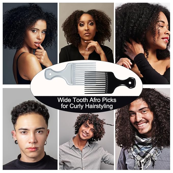 SIMPOR 2 Pcs Hair Pick Comb, Wide Tooth Lift for Hair Styling Detangling, Plastic Afro Pick for Women Men (Silver, Black)
