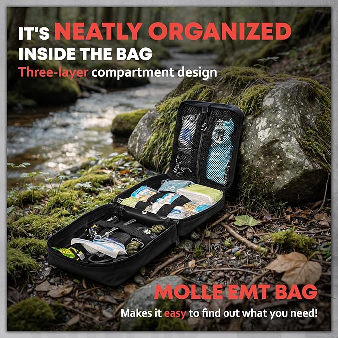 VLITEPRO 242 Piece First Aid & Survival Kit – Molle Pouch IFAK, 1000D Nylon, Color-Coded Compartments, Medical Kit for Camping, Boat, Hunting, Hiking, Home, Car/Home/Earthquake Emergency (Black)