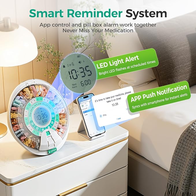 Betife Automatic Pill Dispenser,28-Day Smart Bluetooth Pill Box, Easy Setup | App Support, Pill Case with 6 Alarms & Light Reminder, Electronic Medication Management for Seniors, Monthly Timer Dispenser