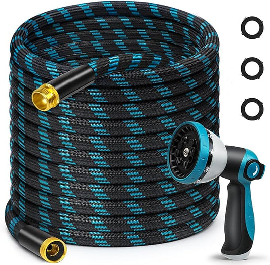 100FT Garden Hose, Non-Expandable Flexible Fabric Water Hose with 10-Function Spray Nozzle, Kink-Free Lightweight Yard Hose with 3/4" Solid Brass Connectors for Lawn, Outdoor, RV & Marine Use