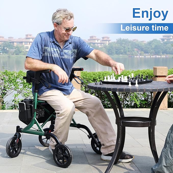 WALK MATE Rollator Walker for Seniors with Cup Holder, Upgraded Thumb Press Button for Height Adjustment, 4 x 8 Wheels Walker with Seat Padded Backrest Folding Lightweight Walking Aid, Green