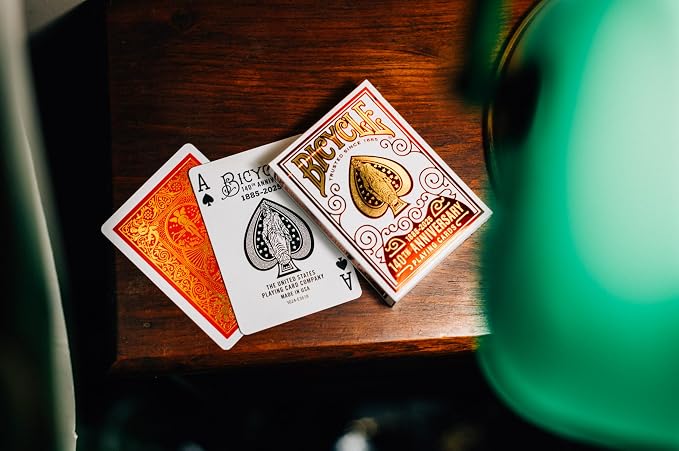 Bicycle 140th Anniversary Playing Cards Special Edition 1885 Design | Red and gold foil, Historic aces from 1885 artwork, Court cards marked with 1885 and 2025, Air Cushion Finish