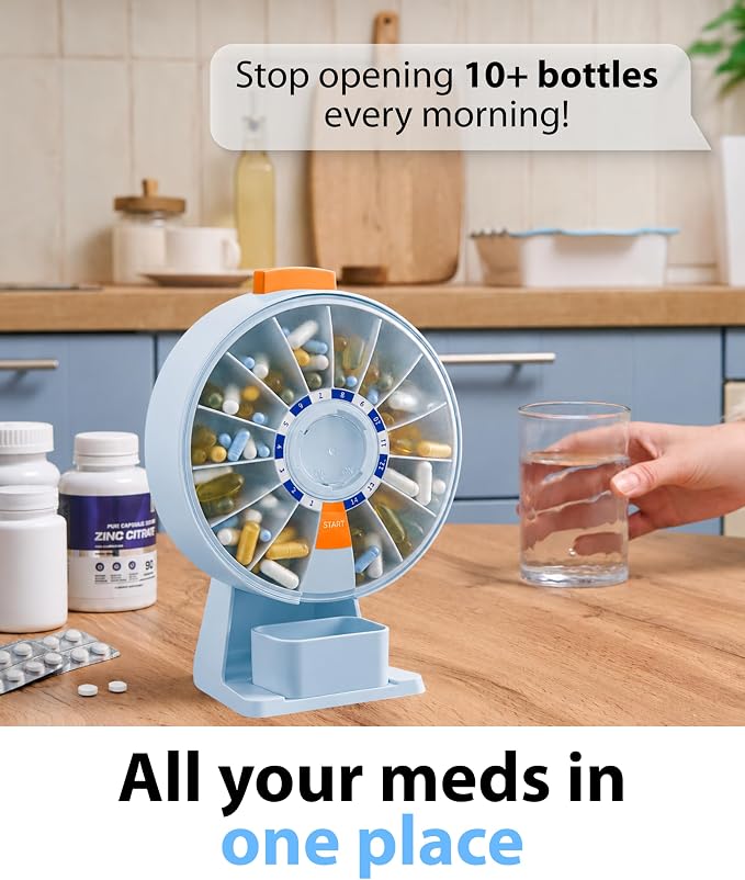 Pill Dispenser 14 Day – Rotating Medicine Organizer Wheel with Push Button, Wall Mounted or Desktop Manual Pill Dispenser for Elderly & Seniors, Large Capacity Vitamin & Medication Organizer