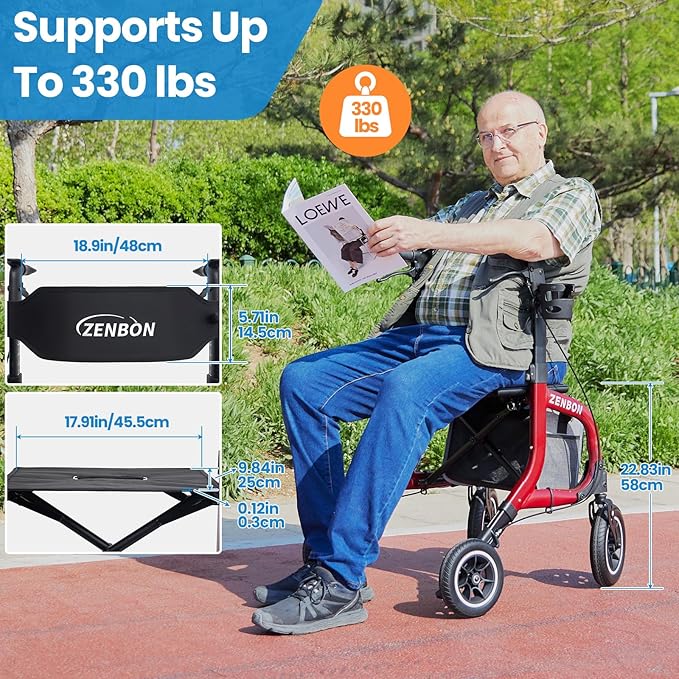 Rollator Walker for Seniors/Adults Foldable Rolling Walker with Seat 330 lbs Capacity 10 inch Wheels Hand Grips Adjustable Height Lightweight Durable Aluminum Walker Removable Back Support (Red)