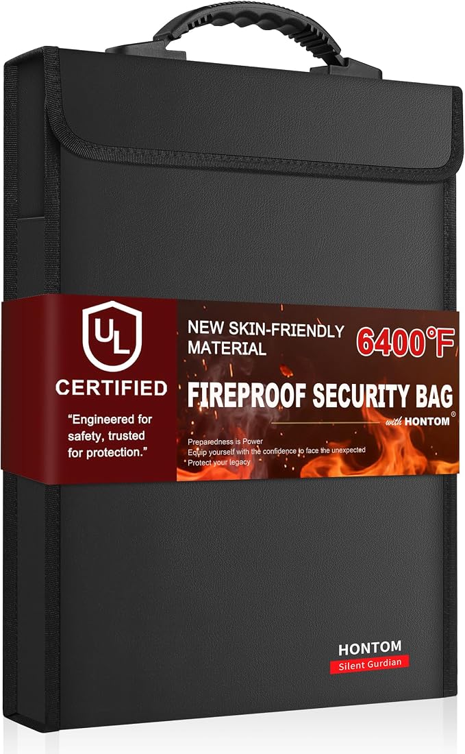6400℉ Fireproof Document Bag with Lid, Two Storage Pockets Fireproof Bag | 15.4"x11.4"x1.77" Waterproof Money Bag for Files, 12 Layers Heat Insulated Safe for A4 Legal Letter Size Files and Valuables