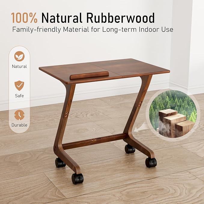 TV Tray Table with Casters, Solid Rubberwood End Tables, Sofa Side Table Couch Table Laptop Desk Removable Snack Tray for Coffee Bed Sofa Eating Writing Reading Living Room Bedroom, Dark Walnut