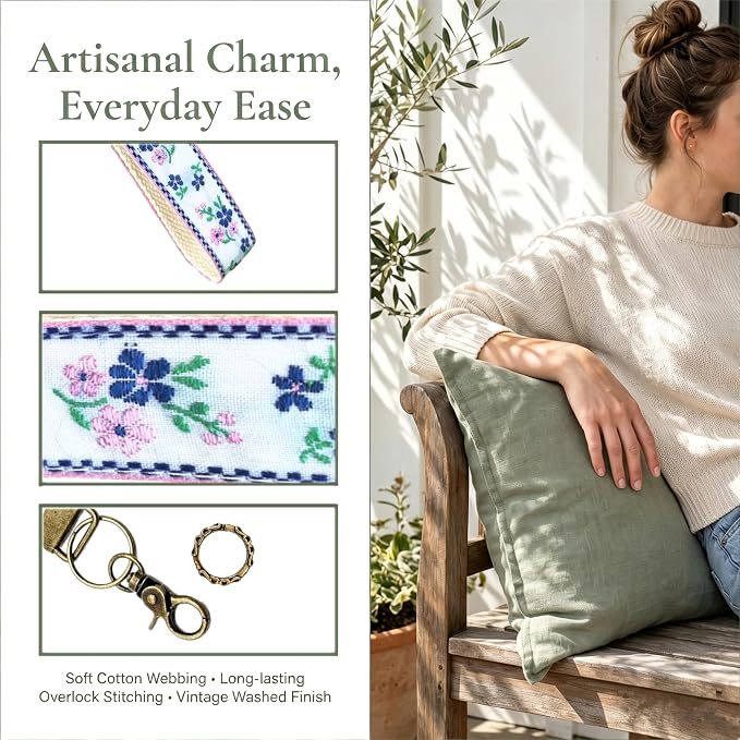 Boho Vintage Embroidered Floral plant Wristlet Keychain for Women | Cute Lanyard&Antique Brass Clasp, Lightweight Hands-Free Key Holder for keys,purses,handbags and daily outdoor use for ladies
