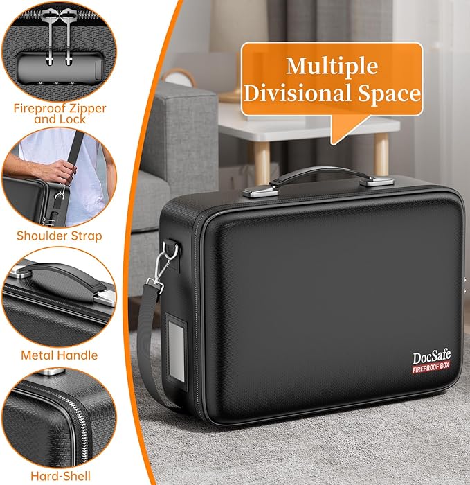 DocSafe Fireproof Document Box Hard Case with Lock ＆ Accordion File Folder | Fire and Water Resistant Safe Box,File Organizer,Multi-Pocket,Home Office Travel Storage for Important Document,Laptop,Black
