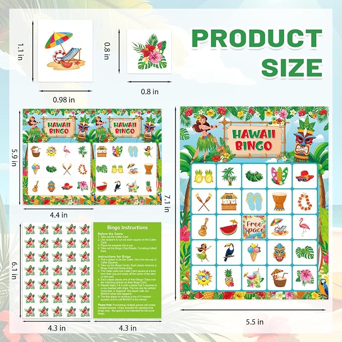 Summer Bingo Cards, 24 Players Tropical Hawaiian Party Bingo Game Cards Summer Party Games for Birthday Holiday Party Wedding School Classroom Group Activities Favors Supplies