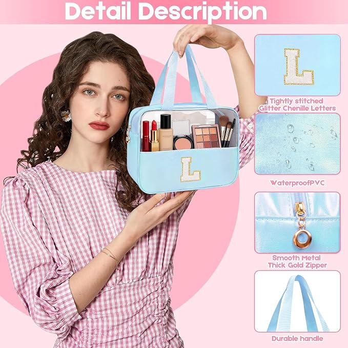 Personalized Initial L Clear Blue Makeup Bag - Large Travel Toiletry Bag, Cute Cosmetic Organizer Set for Girlfriend, Teacher, Teen Girl Gifts