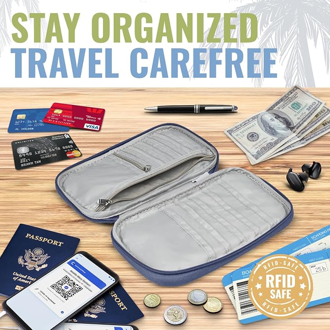 Travel Document Organizer with RFID, Family Passport Holder, Wallet for Women & Men, Portable & Waterproof Case for Cards, Boarding Pass, Money