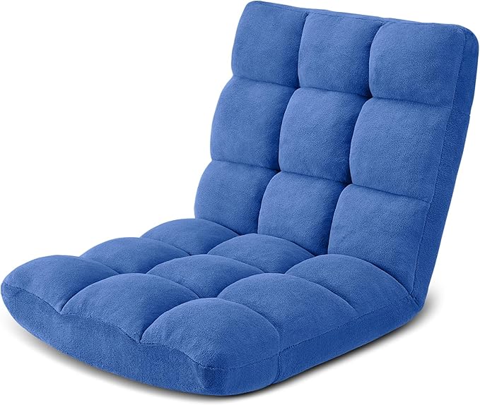 Folding Floor Gaming Chair 14-Poistion Cushioned Adjustable Floor Lazy Sofa Chair w/Breathable Cotton & Skin-Friendly Velvet for Adults & Kids Perfect for Reading Gaming Meditating, Babyblue