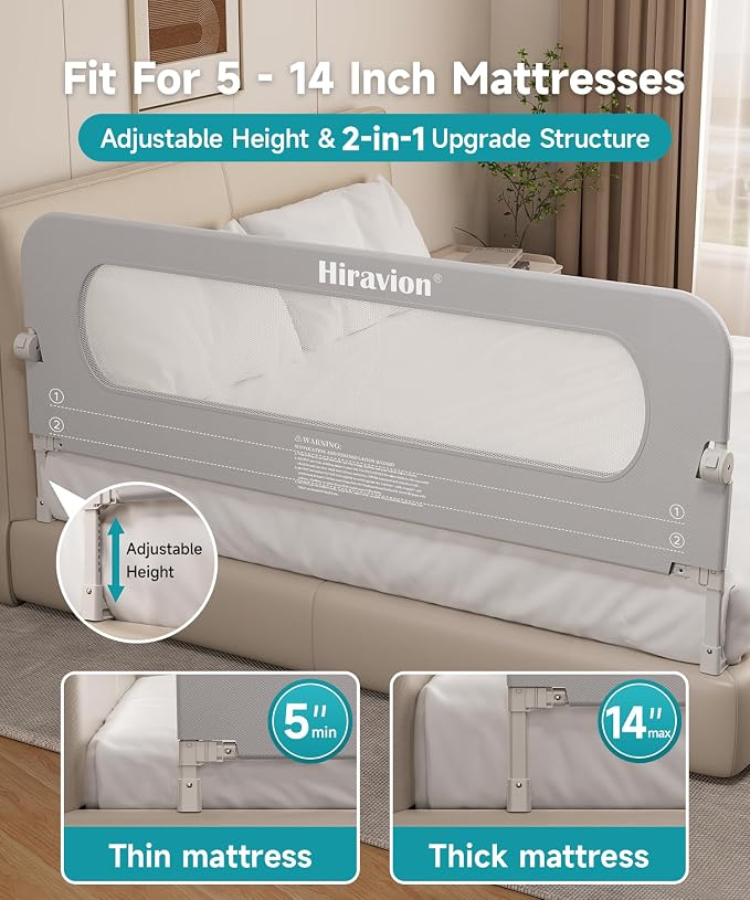 Bed Rail for Toddlers - 71 Inch Foldable Baby Guard | Height Adjustable | Foldable | Fits Full/Queen/King/Twin Beds | U-shape base provides Safety sleep protection | Grey