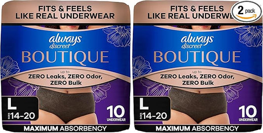 Always Discreet Boutique Low-Rise Postpartum Incontinence Underwear Size L Maximum Absorbency, Up to 100% Leak Protection, Black, 10 Count (Pack of 2)