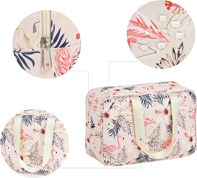Narwey Full Size Toiletry Bag Women Large Cosmetic Bag Travel Makeup Bag Organizer Medicine Bag for Toiletries Essentials Accessories (Large, Beige Flamingo)
