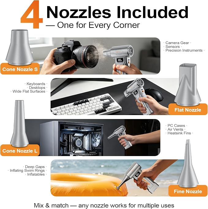 S7 Pro Compressed Air Duster, 150,000 RPM Electric Air Duster with Digital Display & LED Light, Rechargeable Cordless Air Blower, 4-Gear Adjustable for PC, Keyboard, Computer, Car, Home