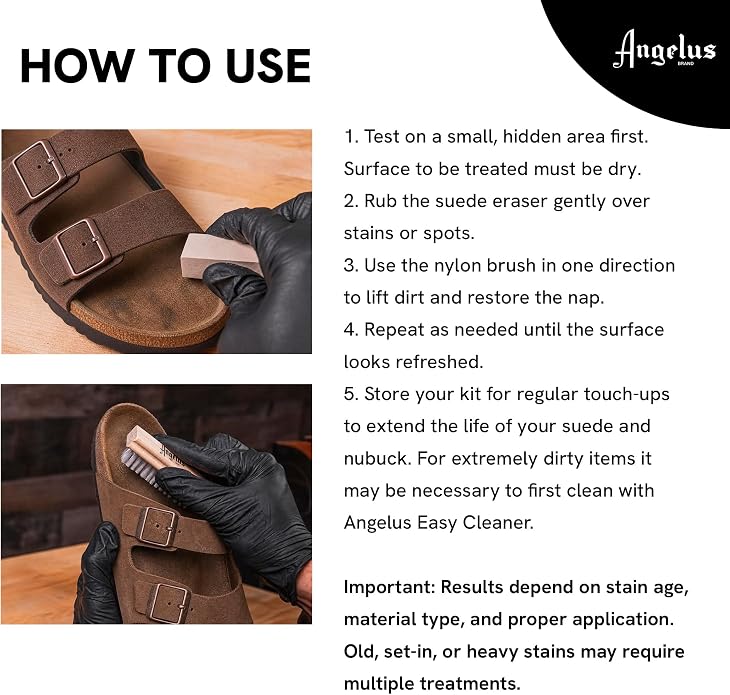 Angelus Suede & Nubuck Cleaner Kit - 1 Cleaning Eraser Block and 1 Nylon Bristle Brush - Eliminates Stains, Removes Spots, Restores Nap - for Leather Suede Shoe, Handbags, Jackets, Boots, Furniture
