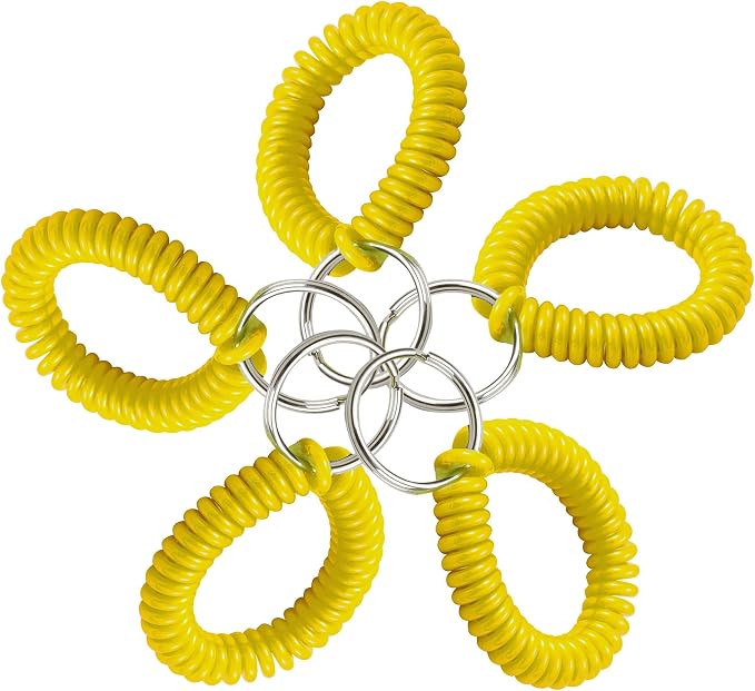 Lucky Line 2” Spiral Wrist Coil with Steel Key Ring, Flexible Wrist Band Key Chain Bracelet, Stretches To 12”, Yellow, 5 Pack (4108005)