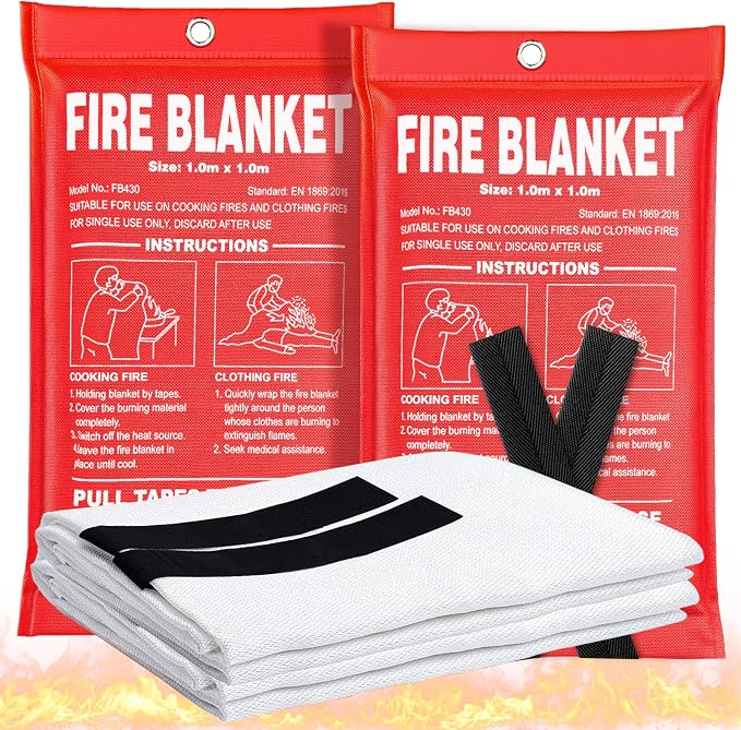 Fire Blanket 2 Pack - 40" x 40" Prepared Emergency Fire Blanket | For Home and Kitchen, RV, Grill, Fireplace, Safe & Easy for Young Adults and Elderly Living Alone | Fiberglass CE Certified