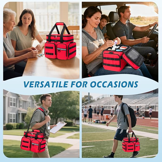 Marscamd Medicine Organizer Bag with Insulated Pocket, Red (Bag Only) | Pill Bottle Storage Bag with 4 Customized Dividers & Shoulder Strap for Medication, Insulin and First Aid Supplies