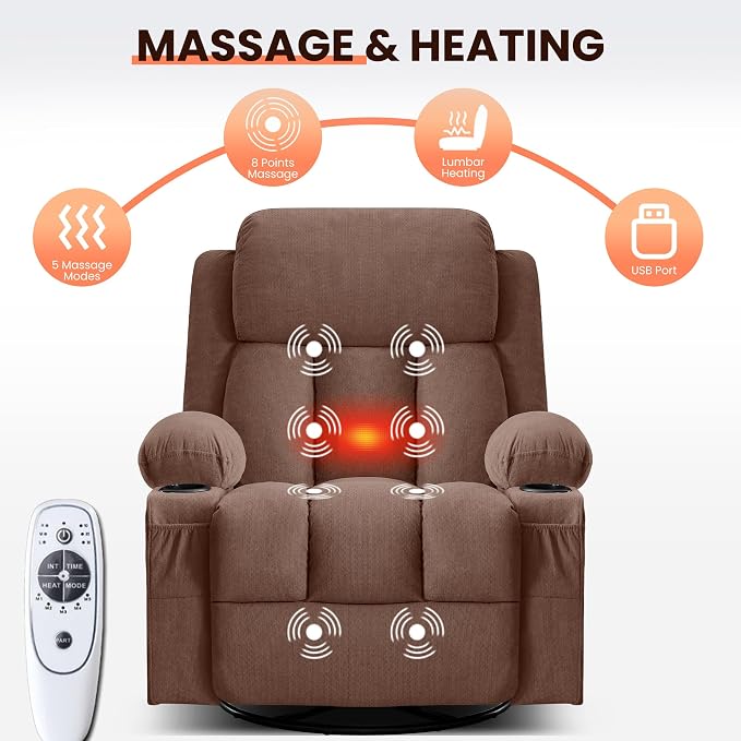 MAHOMICO Swivel Rocker Recliner Chair with Vibration Massage and Heat for Living Room,with Rocking Function and Side Pocket, USB Charge Port,2 Cup Holders