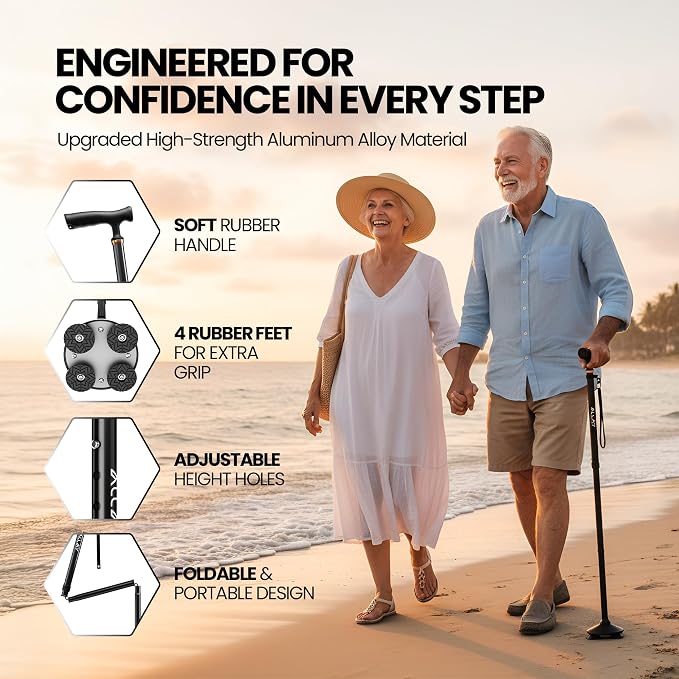 Allay Walking Canes for Men & Women - Adjustable Canes for Women for Stability, Self Standing Wide Quad Pivot Base, Light Weight, Soft Handle Grip and Travel Bag, Walking Sticks for Seniors