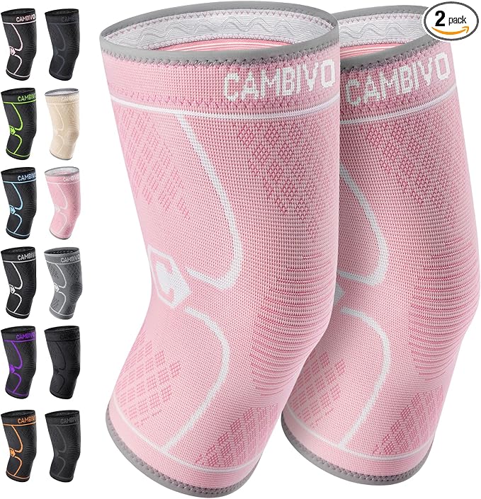 CAMBIVO 2 Pack Knee Brace, Knee Compression Sleeve for Men and Women, Knee Support for Running, Workout, Gym, Hiking, Sports (Rose,Medium)