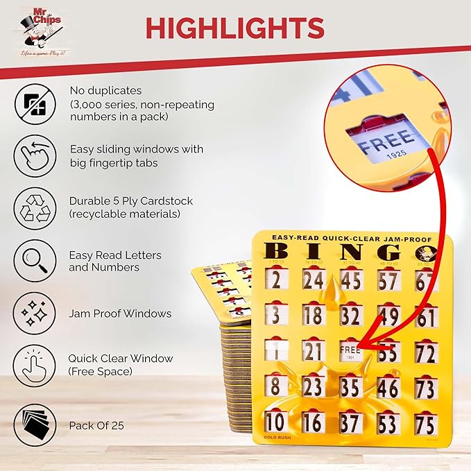 MR CHIPS Jam-Proof Easy-Read Quick-Clear Large Print Fingertip Slide Bingo Cards with Sliding Windows 25 Pack in Gold Rush Style