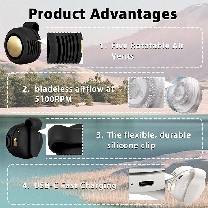 Portable Clip-On Fan, Mini USB Rechargeable 360° Rotatable Fan, Personal Fan 3-Speed Silent Mini Bladeless Fans (2 pack(Black and White))