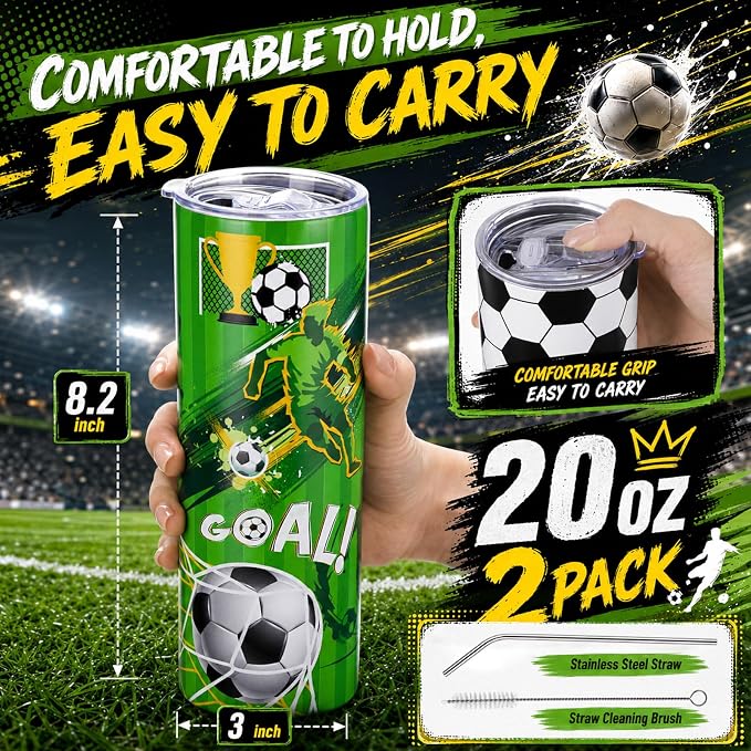 Geiserailie 2 Pack Soccer Tumbler Cups Gifts 20 oz Insulated Stainless Steel Sports Travel Mug with Lids Straws for Christmas Father's Day Men Dad Soccer Lovers Fans
