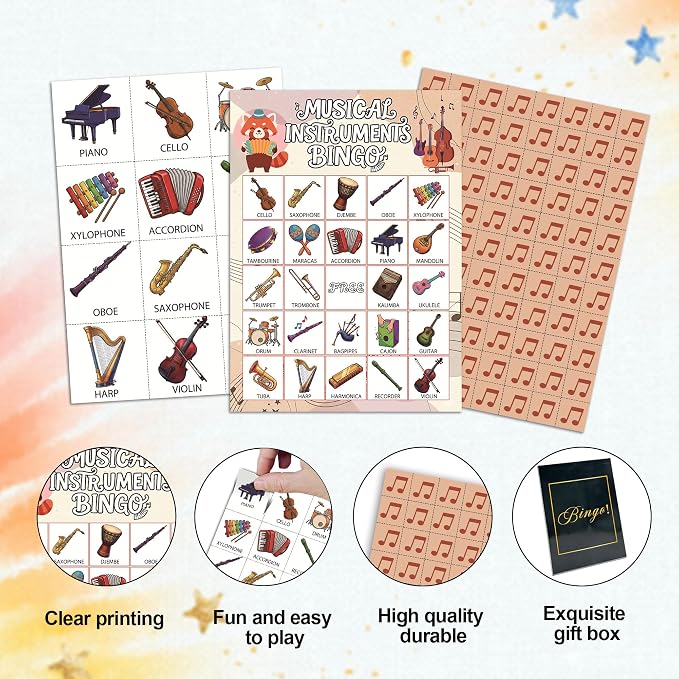 Music Party Bingo Game Cards, Musical Instrument Bingo Set for Adults Large Group, Musical Themed Party Activities, Icebreaker Games, Music Lovers Gifts for Family Friend, 12