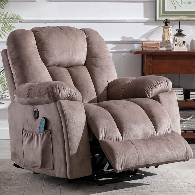 Power Lift Recliner Chair with Massage and Heat for Elderly, Overstuffed Wide Recliners, Heavy Duty and Safety Motion Reclining Mechanism with USB Ports, 2 Concealed Cup Holders, Apricot